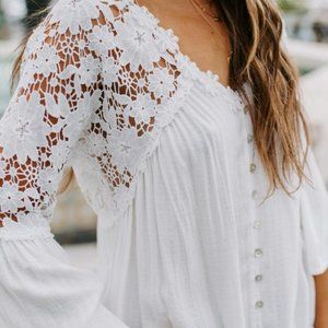 New Boho White Lace Button Front Blouse Top